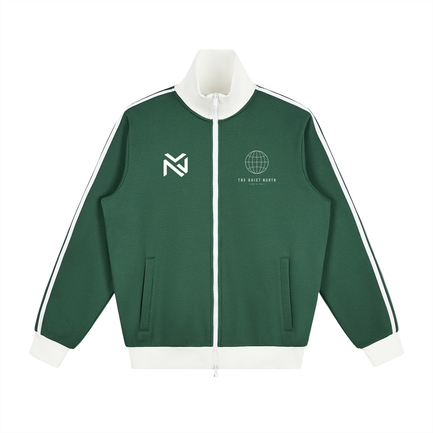 Dark green fleece track jacket with contrast side stripe, full-zip front, flap pockets.