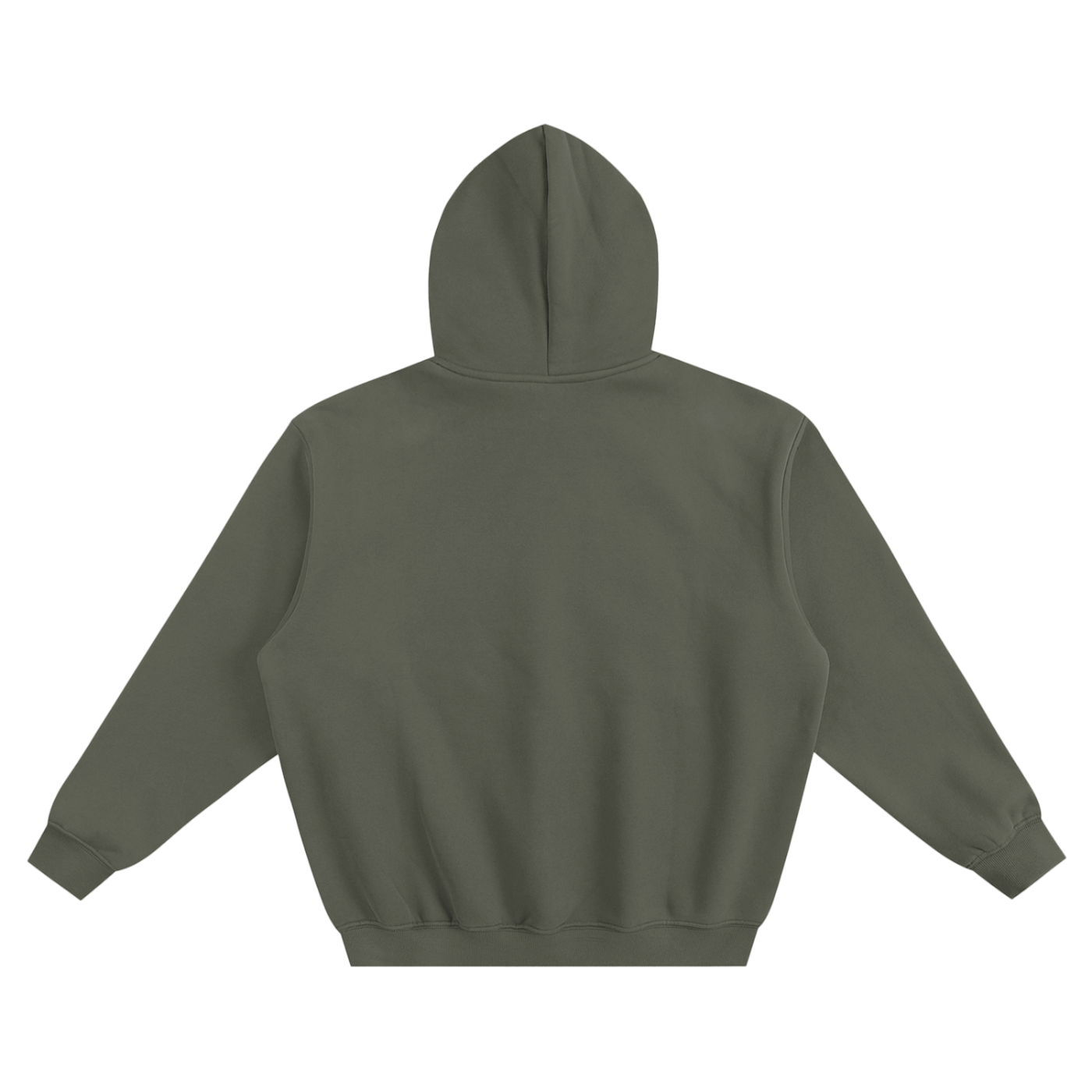 Olive green boxy hoodie back view with hood and long sleeves
