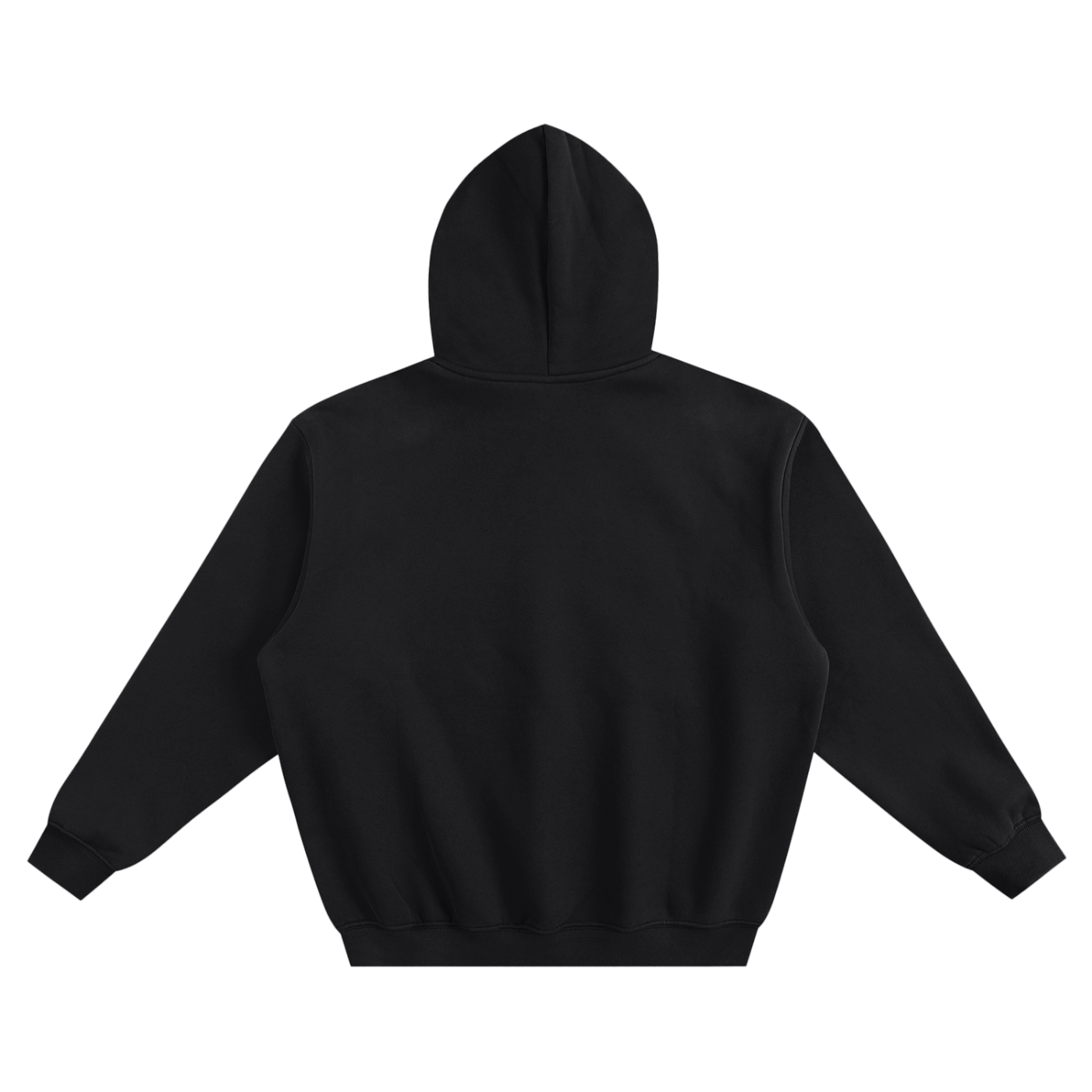 Black boxy hoodie back view with hood and long sleeves