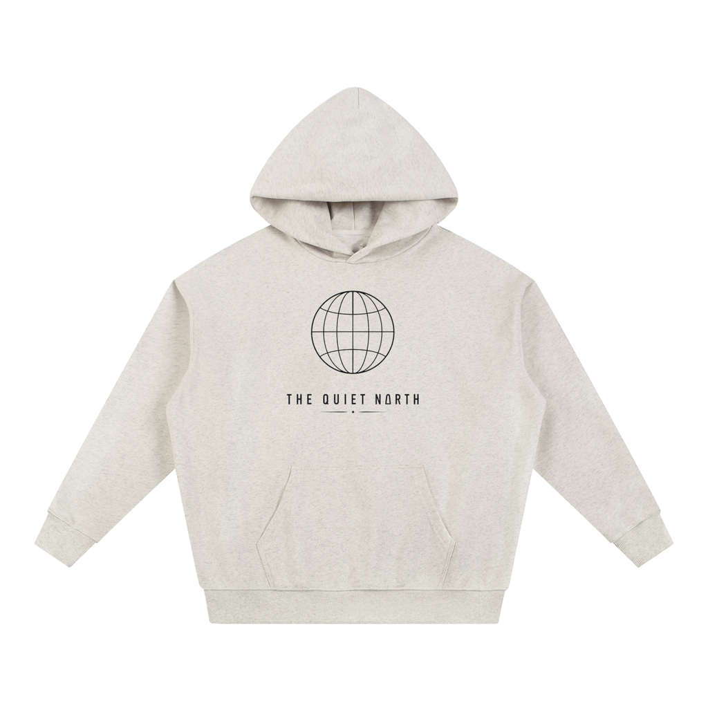 Oat gray heavyweight hoodie, front globe emblem and “THE QUIET NORTH” text