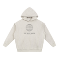 Oat gray heavyweight hoodie, front globe emblem and “THE QUIET NORTH” text