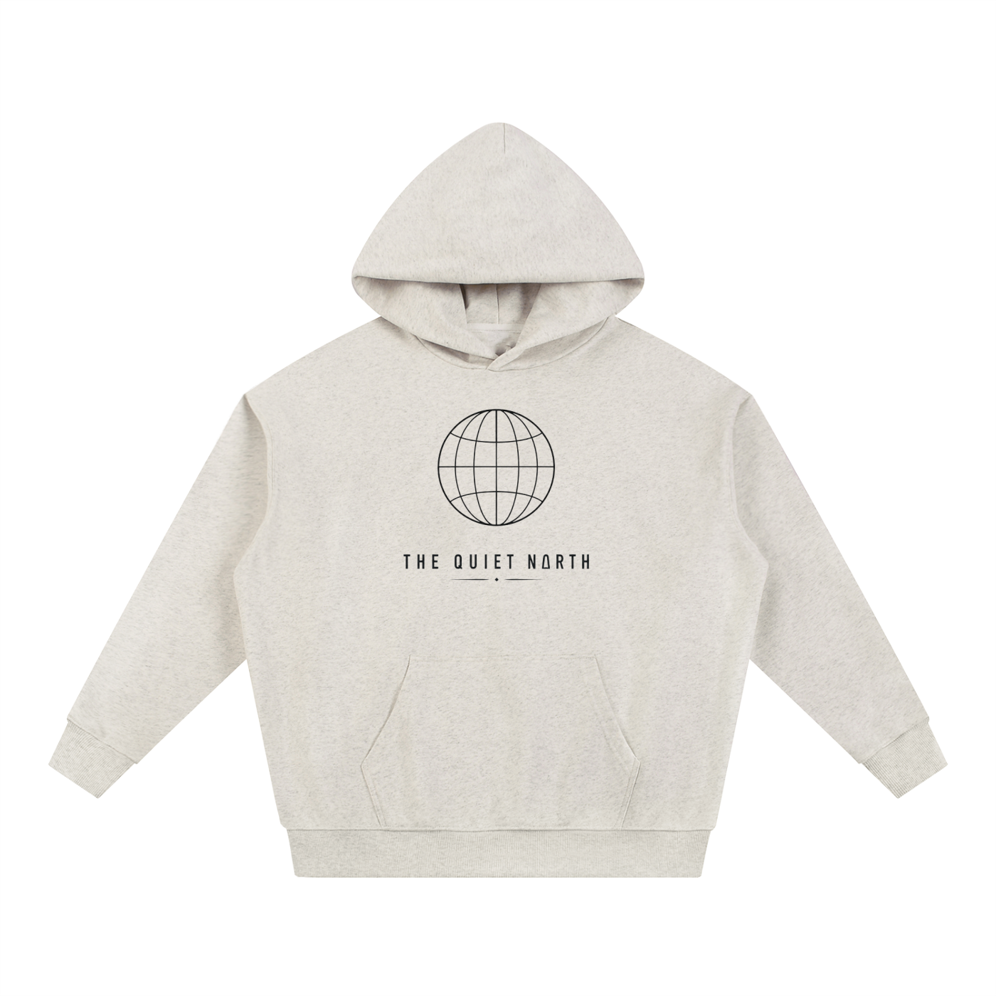 Oat gray heavyweight hoodie, front globe emblem and “THE QUIET NORTH” text