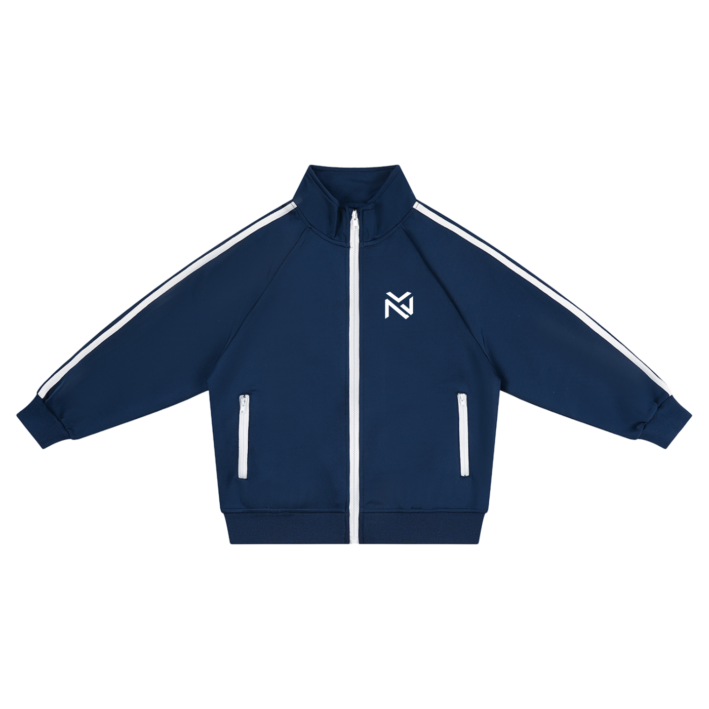 Kids contrast tape coach jacket, royal blue with white stripe piping and front zip