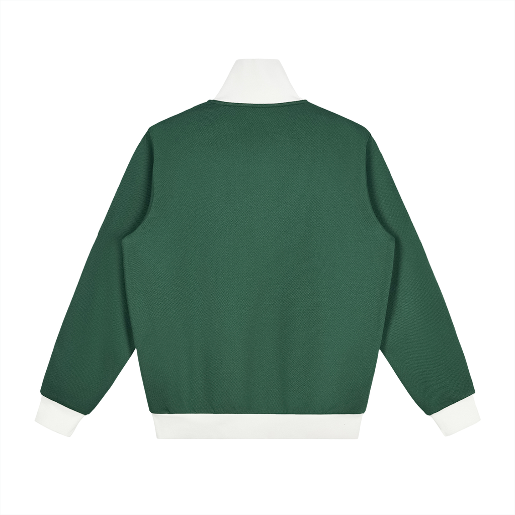 Dark green fleece track jacket, back view, full-zip, ribbed white hem and cuffs.