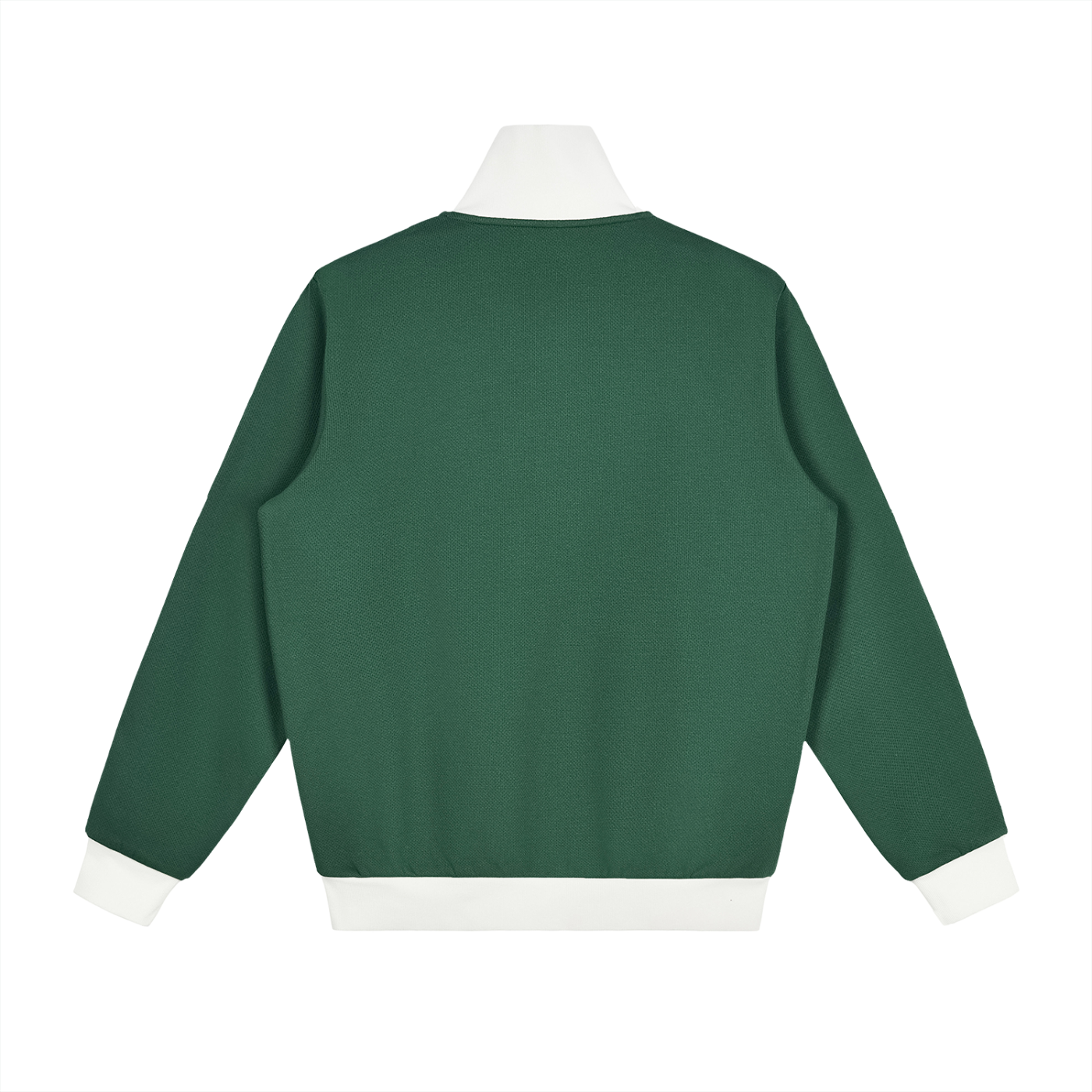 Dark green fleece track jacket, back view, full-zip, ribbed white hem and cuffs.
