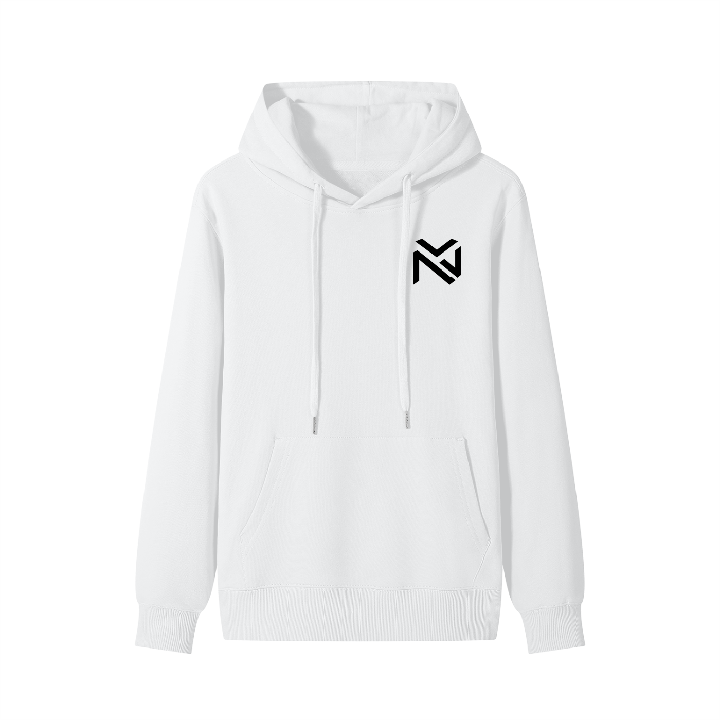 White unisex cotton hoodie with drawstring hood and front kangaroo pocket, black emblem.