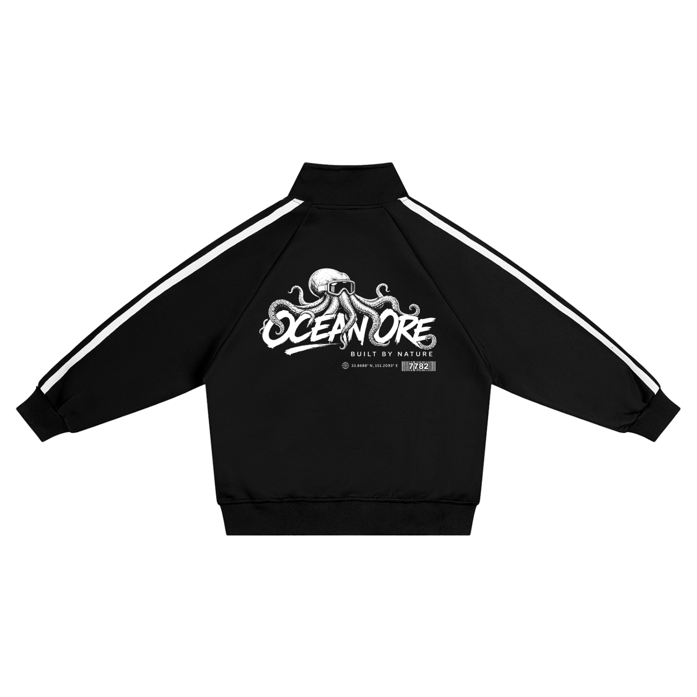 Kids coach jacket, black with white trim, back graphic logo, front zip