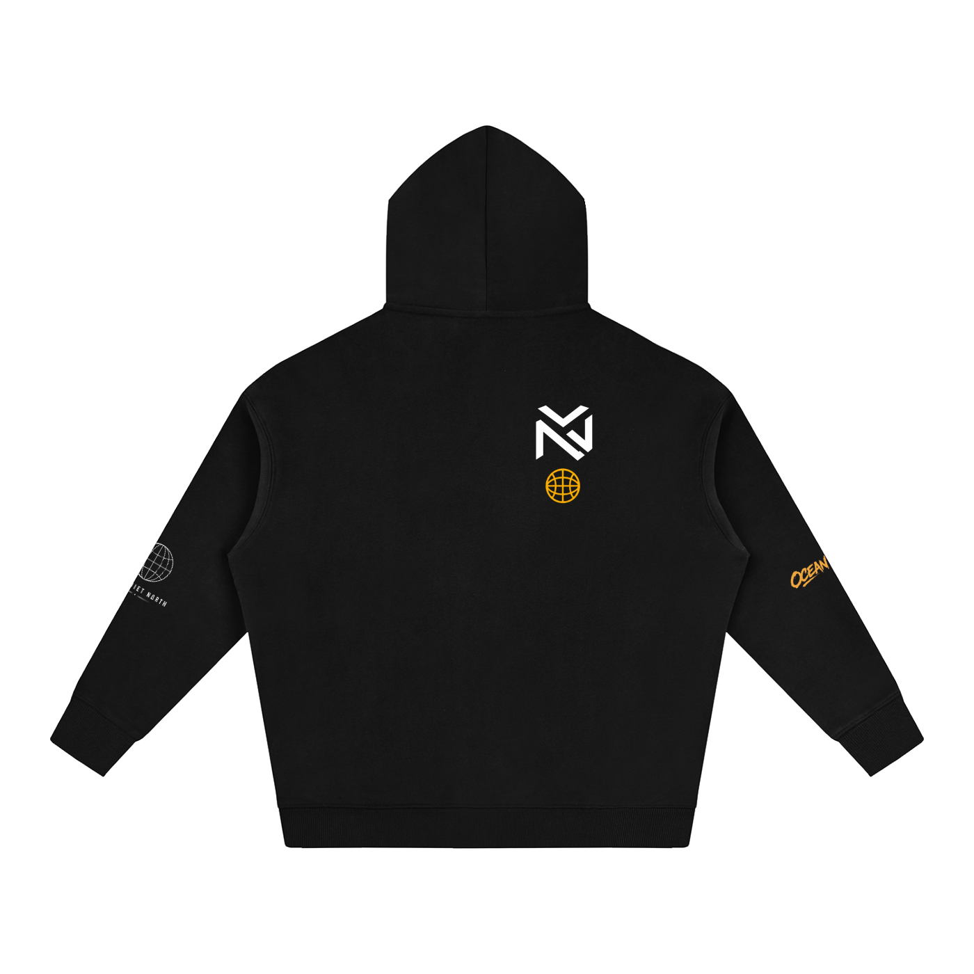 Oversized fleece hoodie in black with back hood and emblem logo, plus sleeve graphic patches