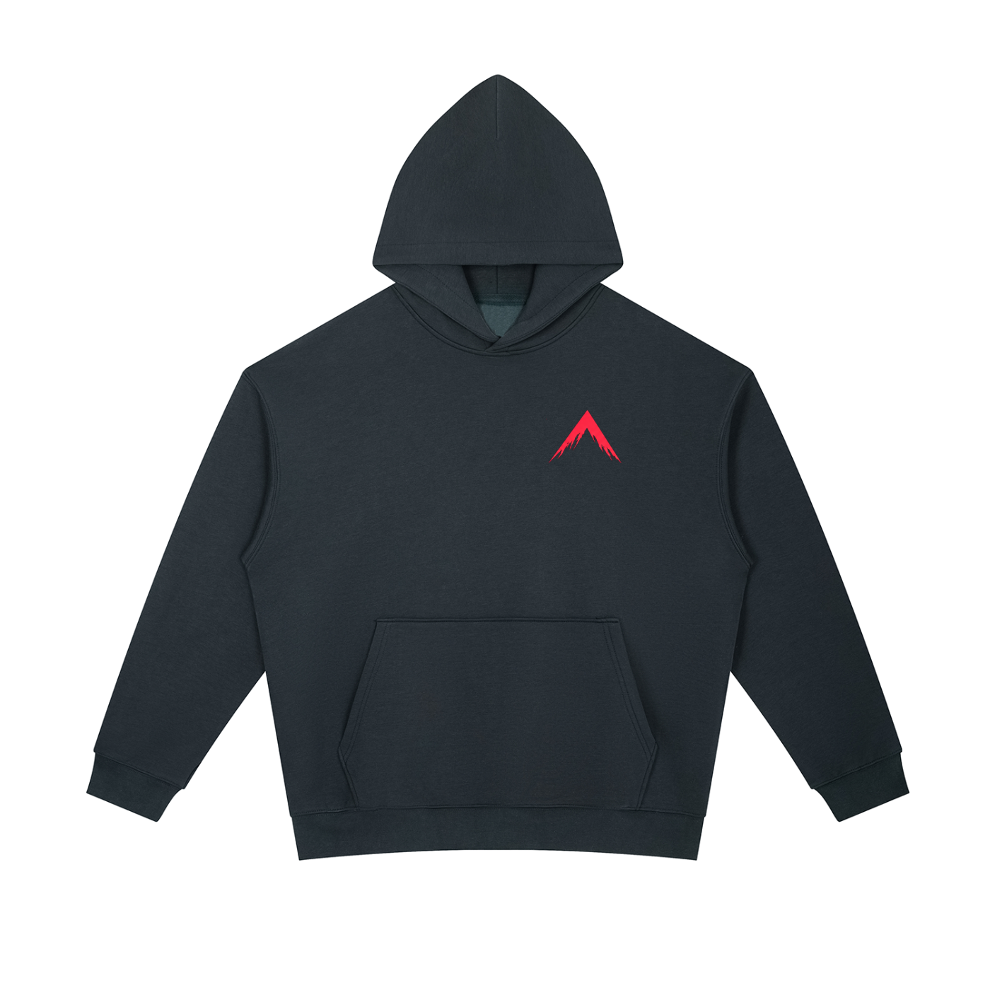 Navy heavyweight hoodie with front kangaroo pocket, drawstring hood, red mountain logo