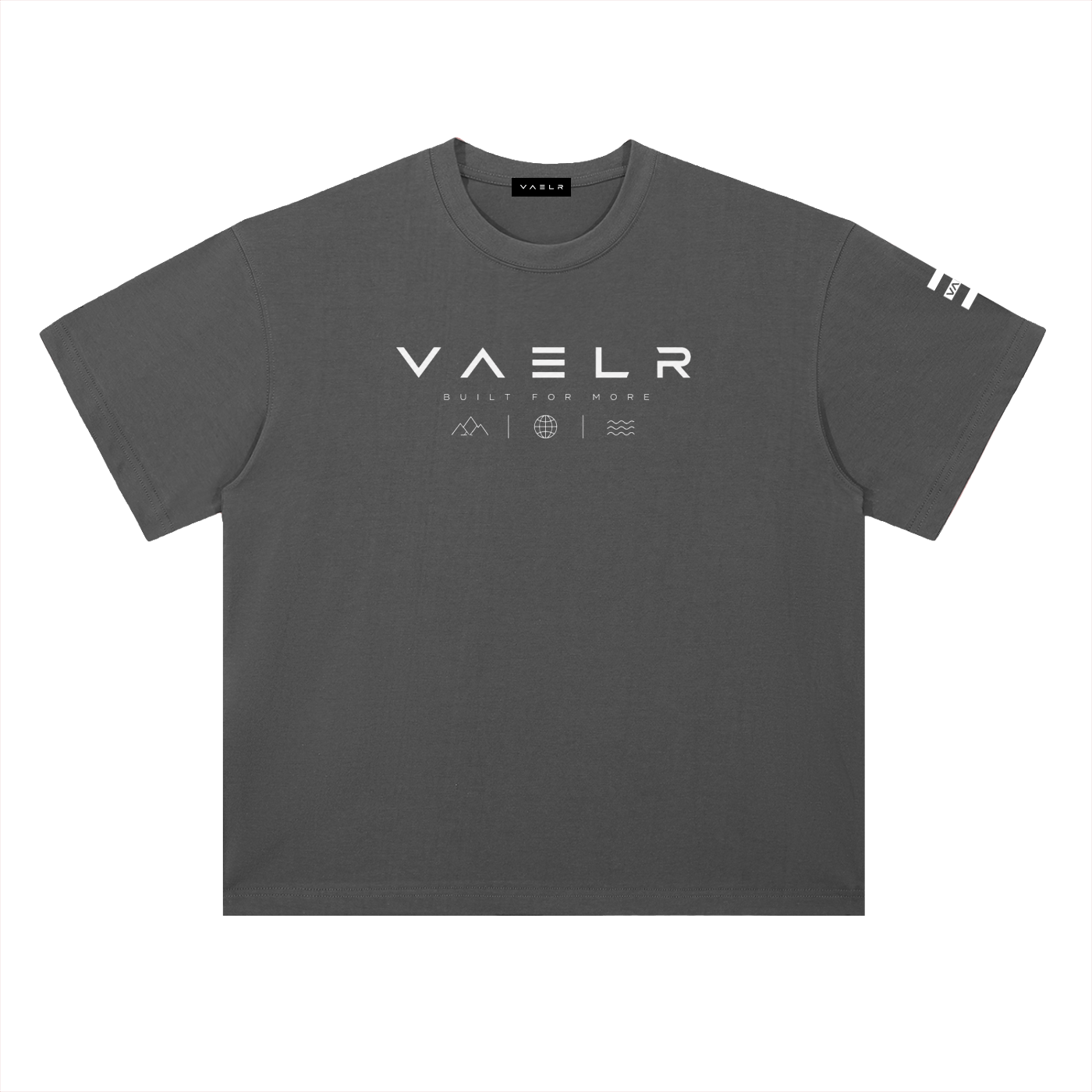 Heavyweight cotton t-shirt in heather gray, front VAELR logo with small icon details