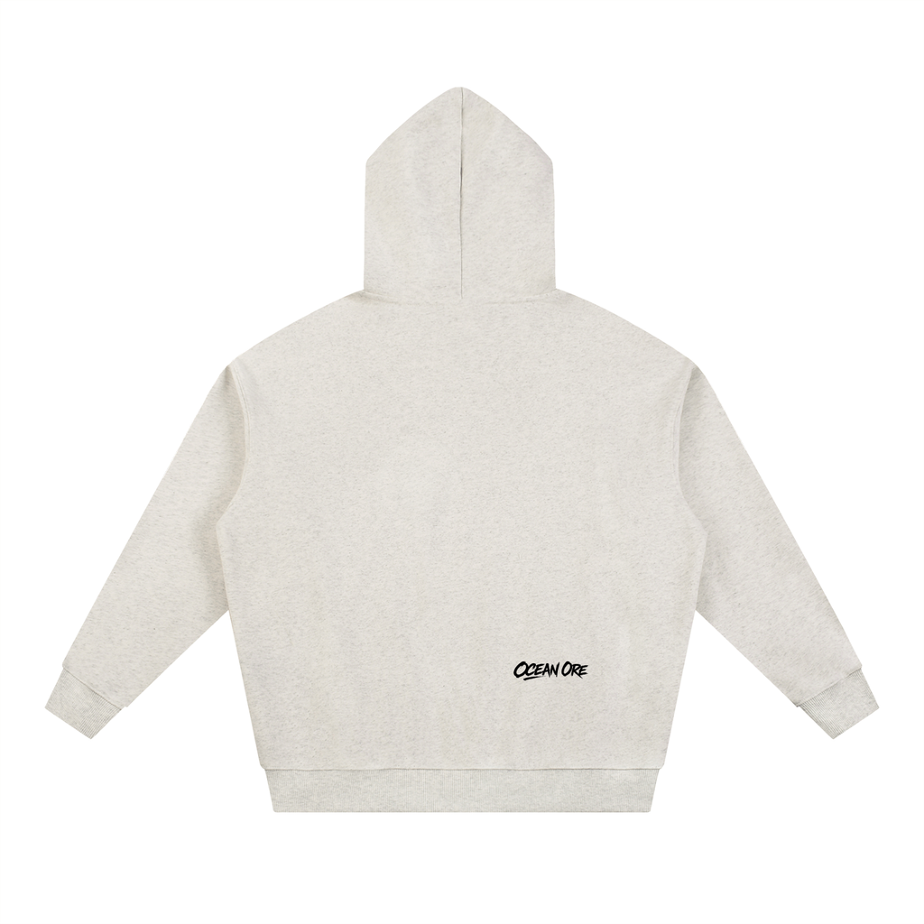 Oat gray heavyweight hoodie, back with small “OCEAN OFF” logo text