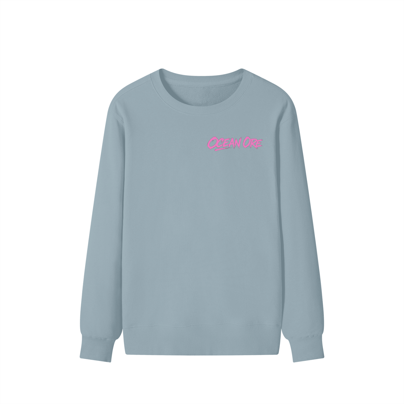Light blue unisex cotton sweatshirt with crew neck and pink script logo on chest