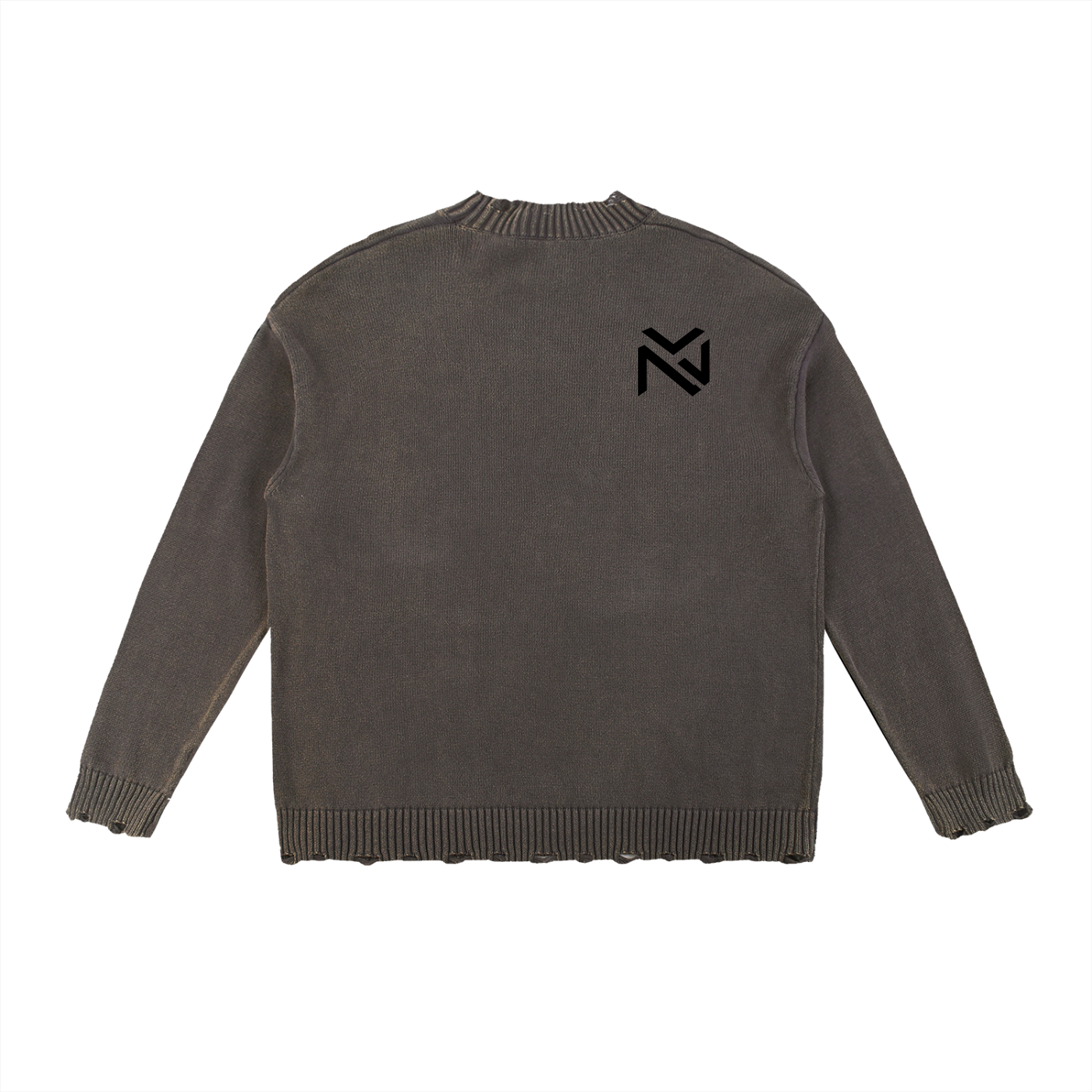 Oceanore vintage washed gray sweater, crewneck ribbing, frayed hem, long sleeves, back logo