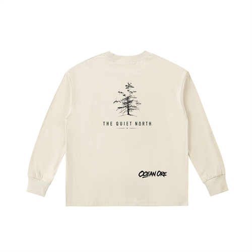 Kids long-sleeve quick-dry tee, light cream; back tree graphic and “OCEAN CURE”.