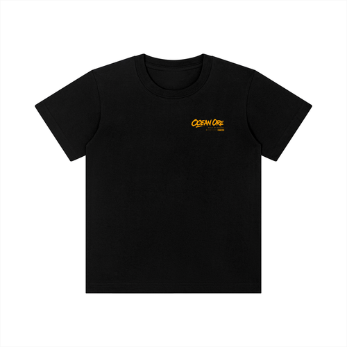 Black kids crewneck short-sleeve T-shirt with small yellow chest logo