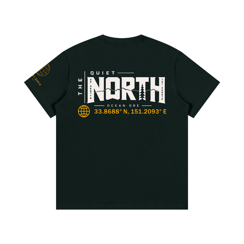Vintage green cotton graphic T-shirt, back print with 'NORTH' and coordinates