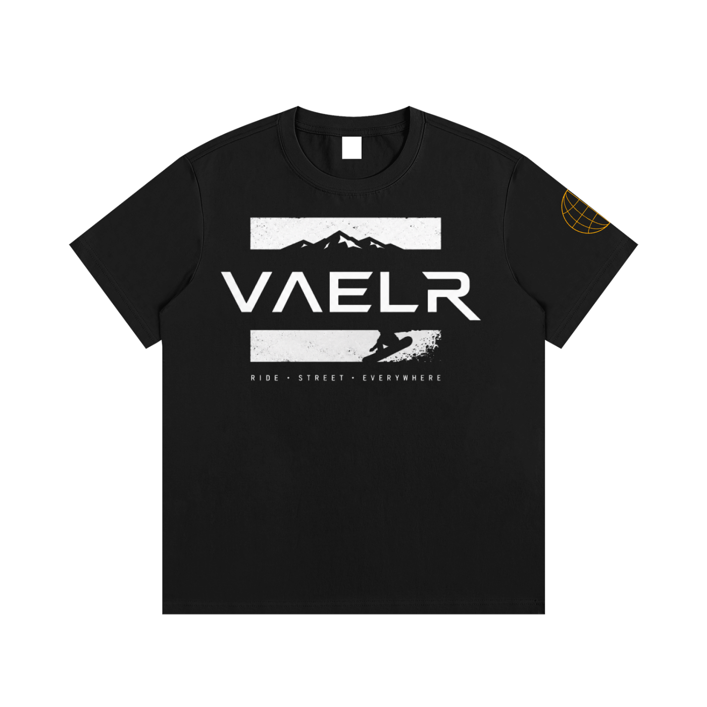 Black cotton crew-neck tee with front VAELR graphic print