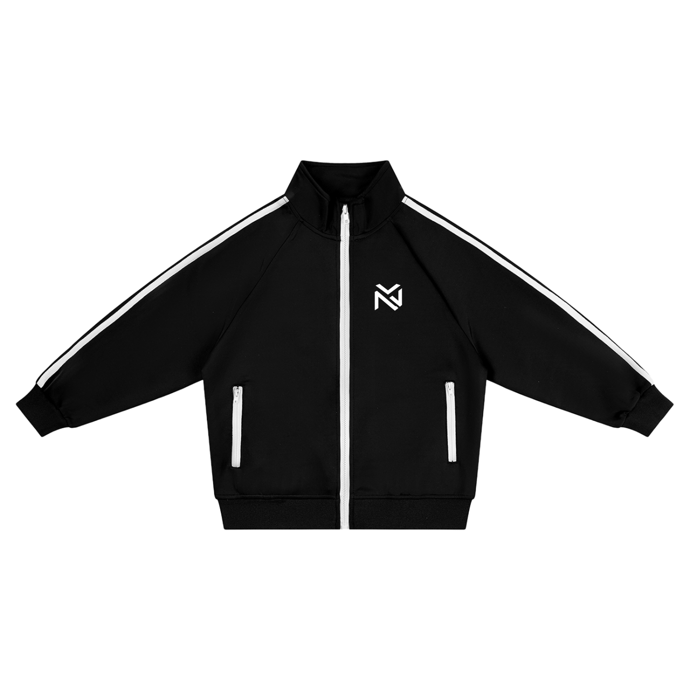 Kids contrast tape coach jacket, black with white stripe piping and front zip