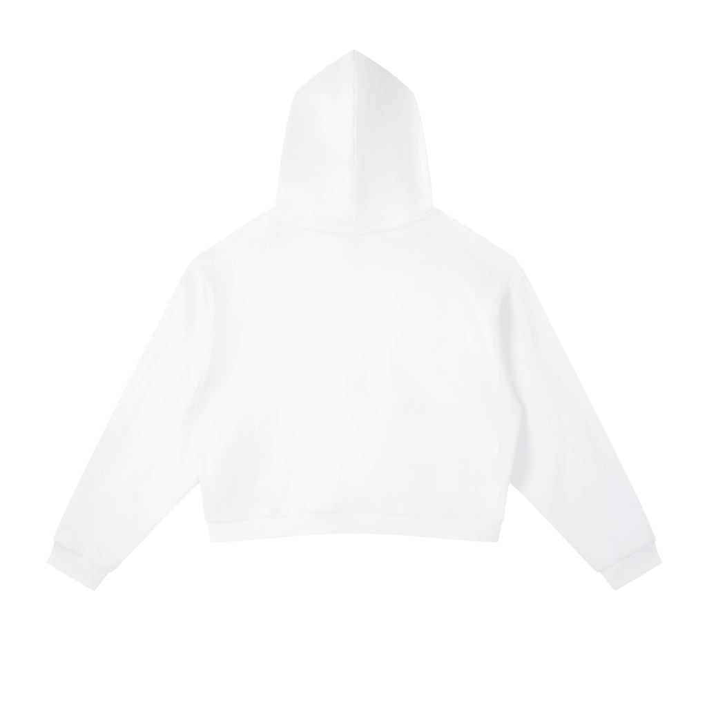 White cropped hoodie with hood and kangaroo pocket, shown from the back