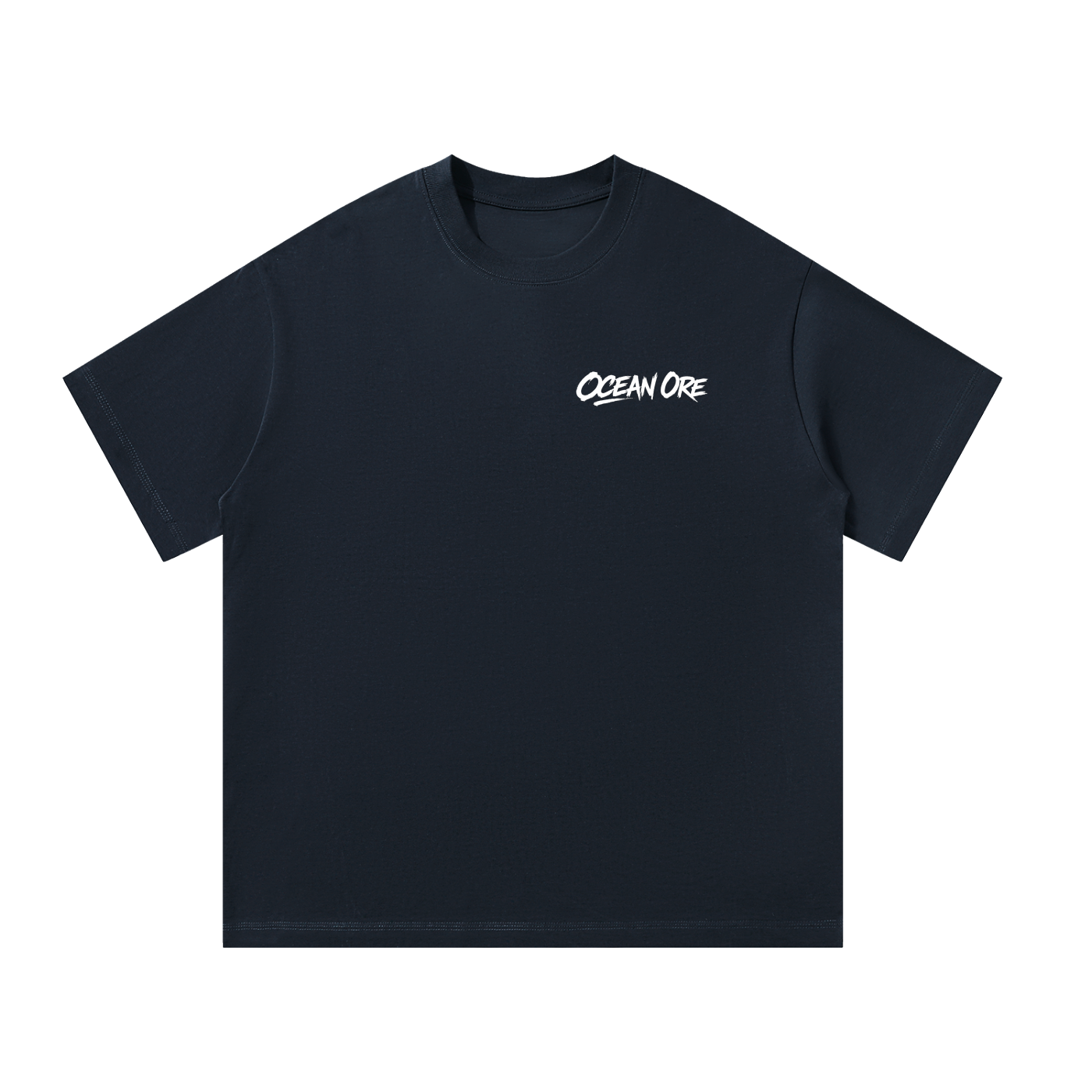 Unisex oversized T-shirt, dark tee with small "OCEAN ORE" chest logo
