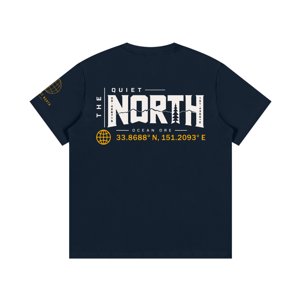 Royal blue cotton graphic T-shirt, back print with 'NORTH' and coordinates
