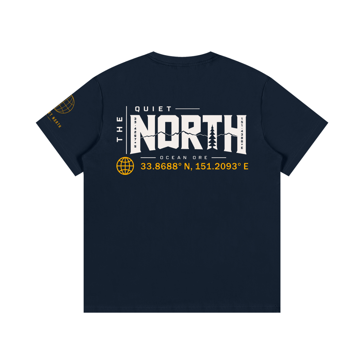 Royal blue cotton graphic T-shirt, back print with 'NORTH' and coordinates