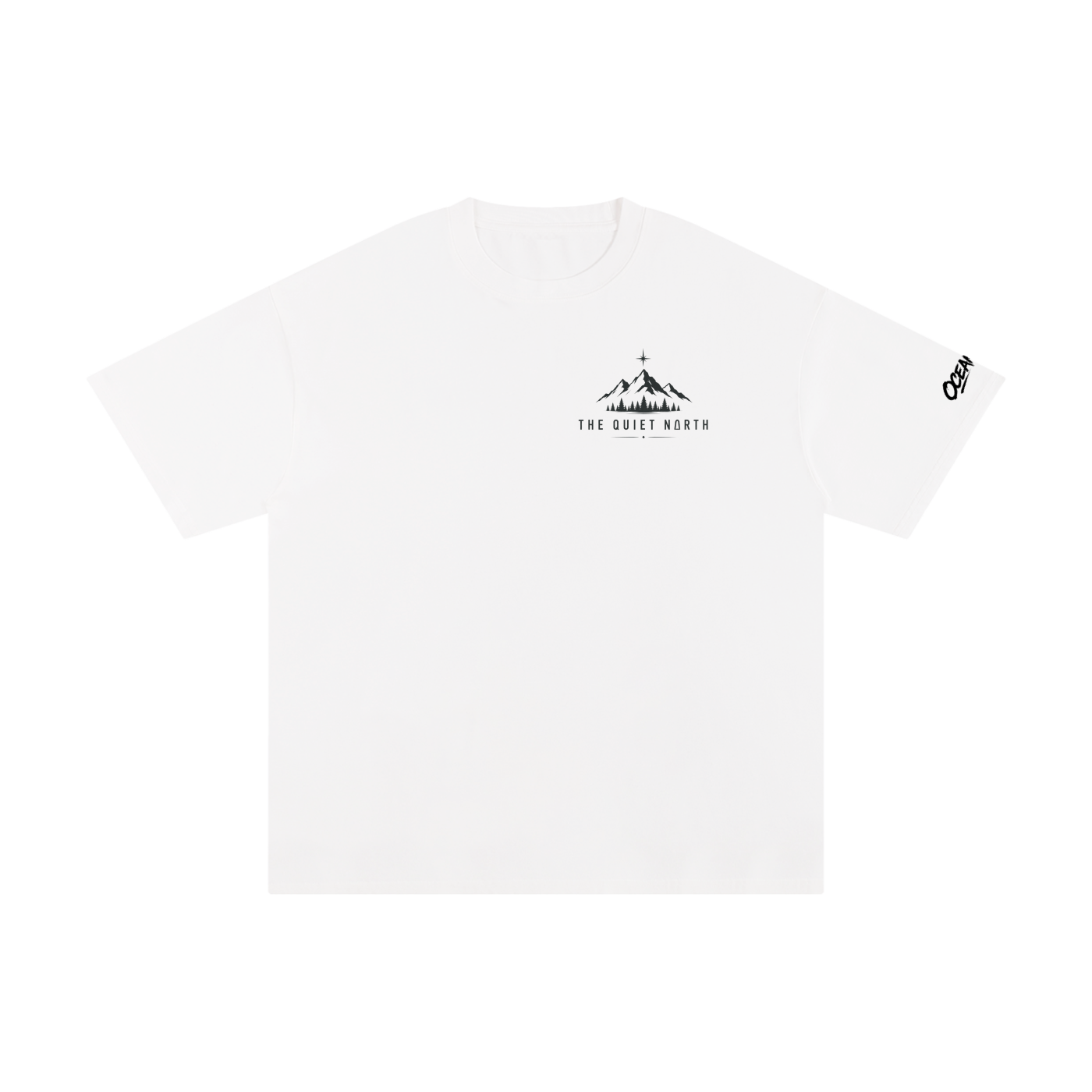 Unisex white pure cotton T-shirt with front mountain logo and small side tag