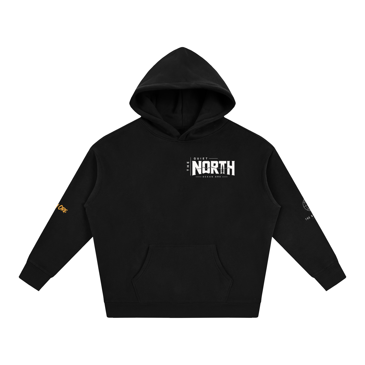 Oversized fleece hoodie in black with front hood, kangaroo pocket, and NORTH logo print