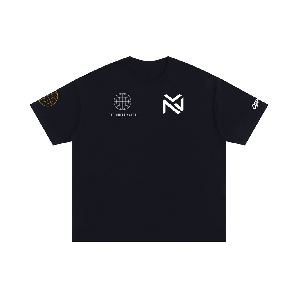 Black oversized cotton T-shirt with front graphic and small globe emblem on chest