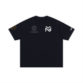 Black oversized cotton T-shirt with front graphic and small globe emblem on chest