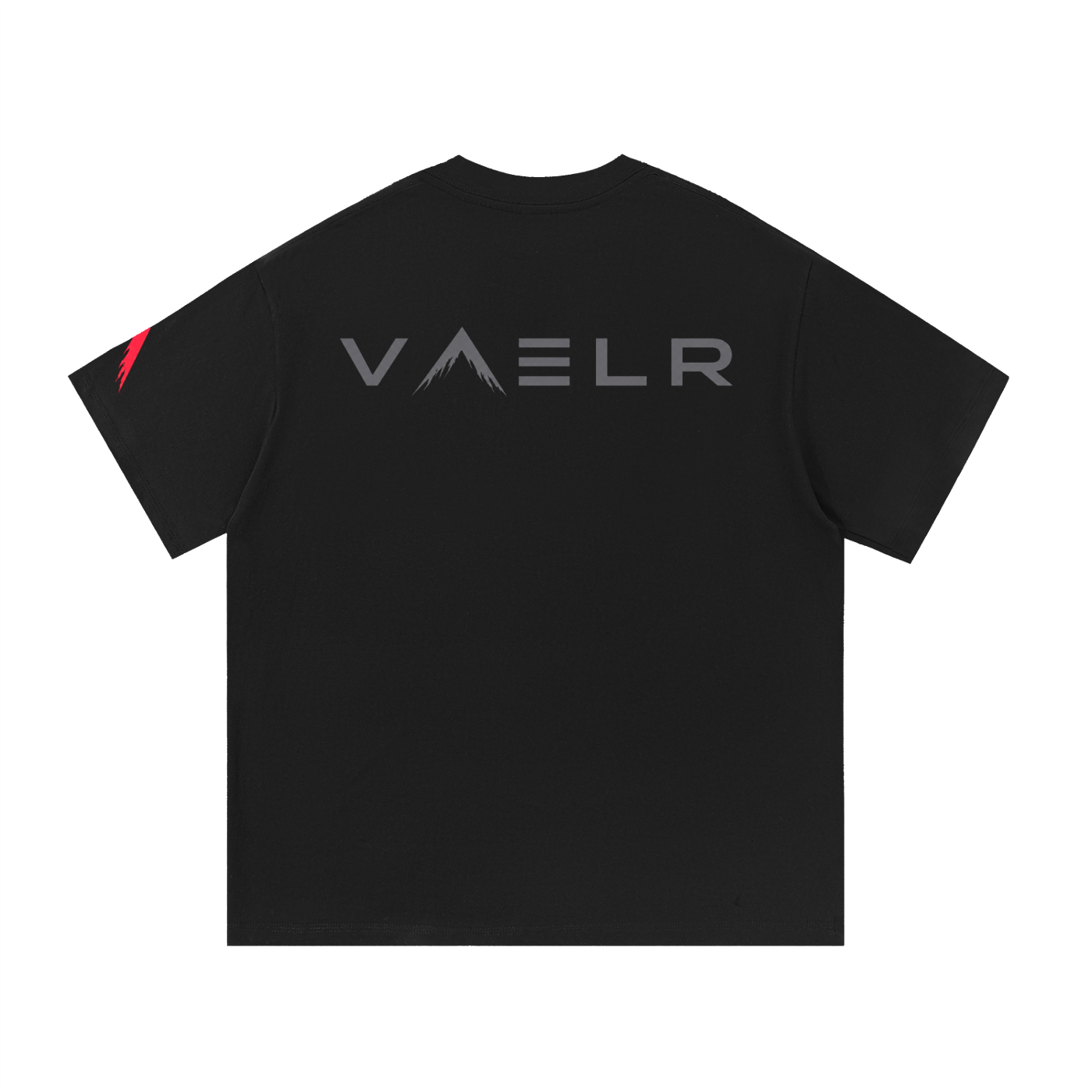 Black cotton T-shirt with large VAELR logo on back