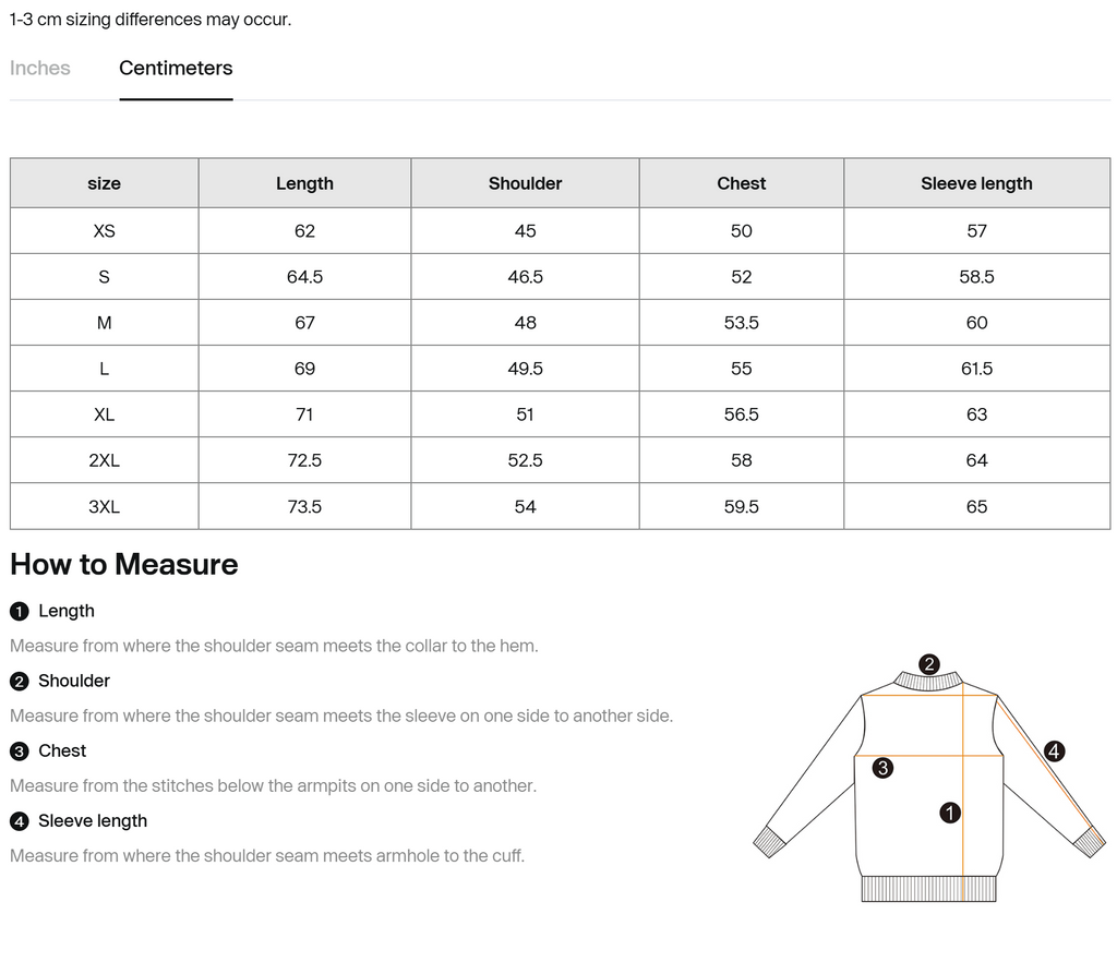 Unisex cotton hoodie size chart with length, shoulder, chest, and sleeve measurements (inches).