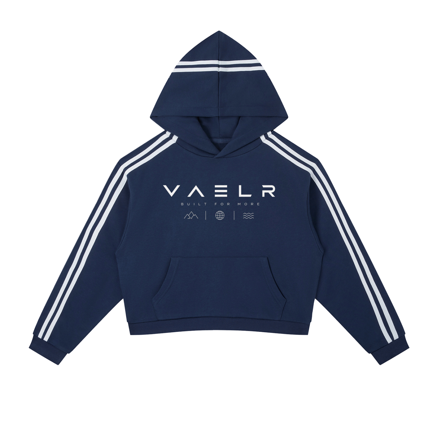 Navy cropped pullover hoodie with white triple side stripes and kangaroo pocket