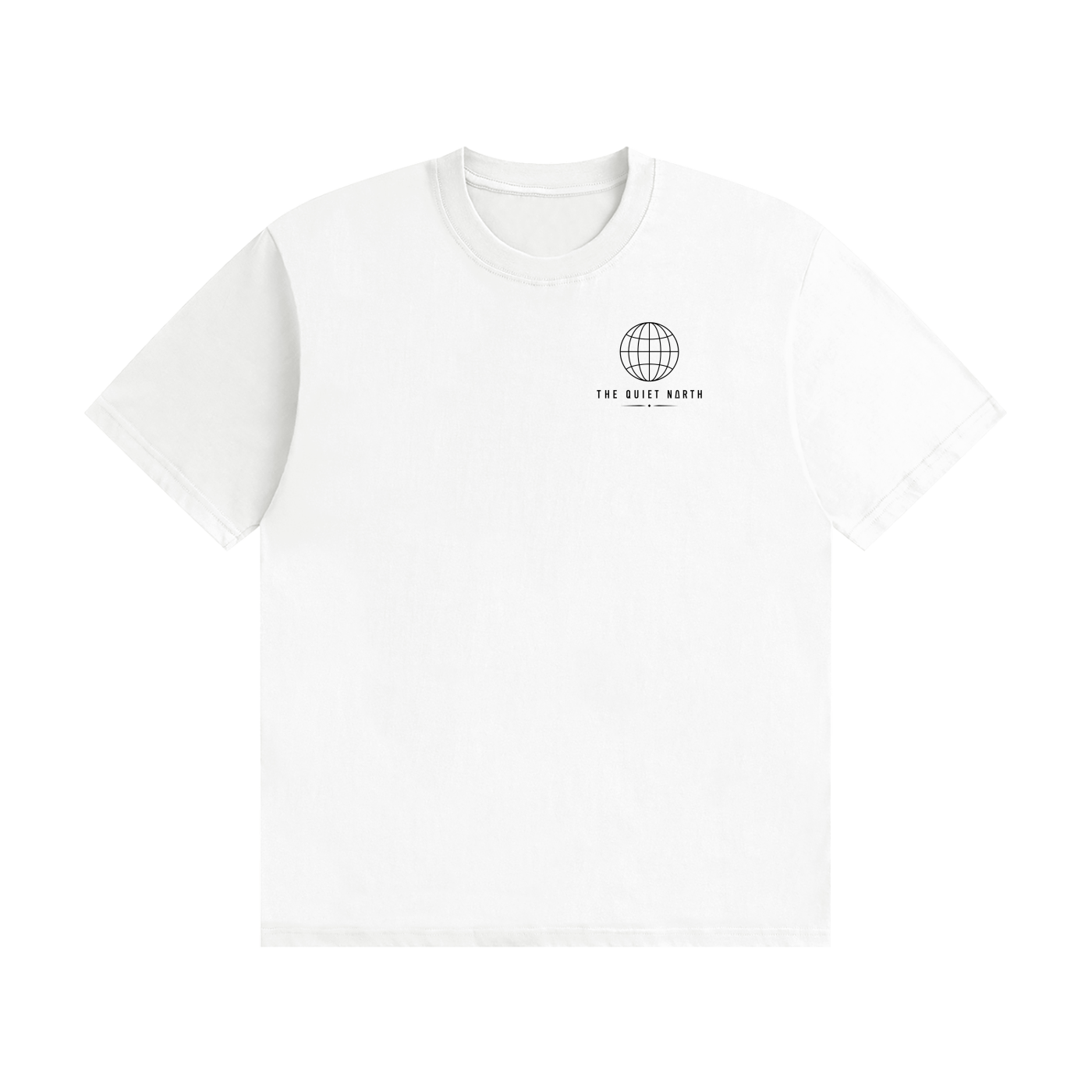White seamless cotton T-shirt, crew neck, small chest globe graphic