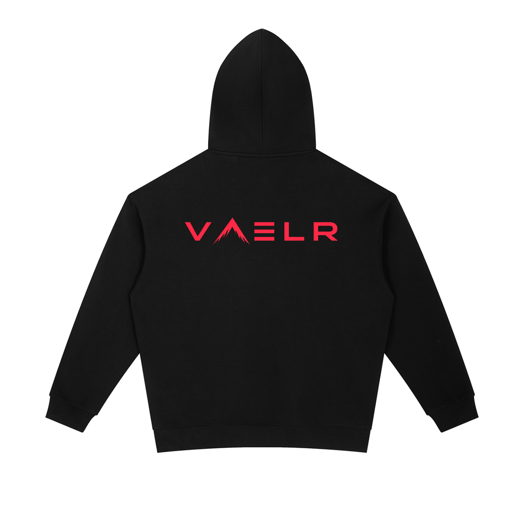 Black heavyweight hoodie with back VAELR logo, kangaroo pocket, drawstring hood
