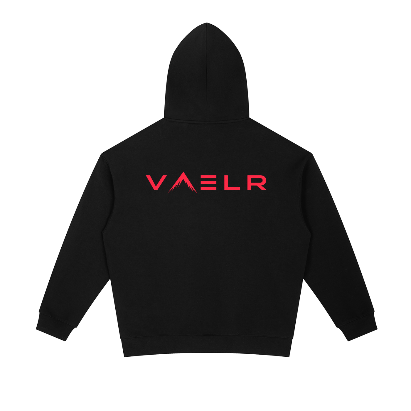 Black heavyweight hoodie with back VAELR logo, kangaroo pocket, drawstring hood