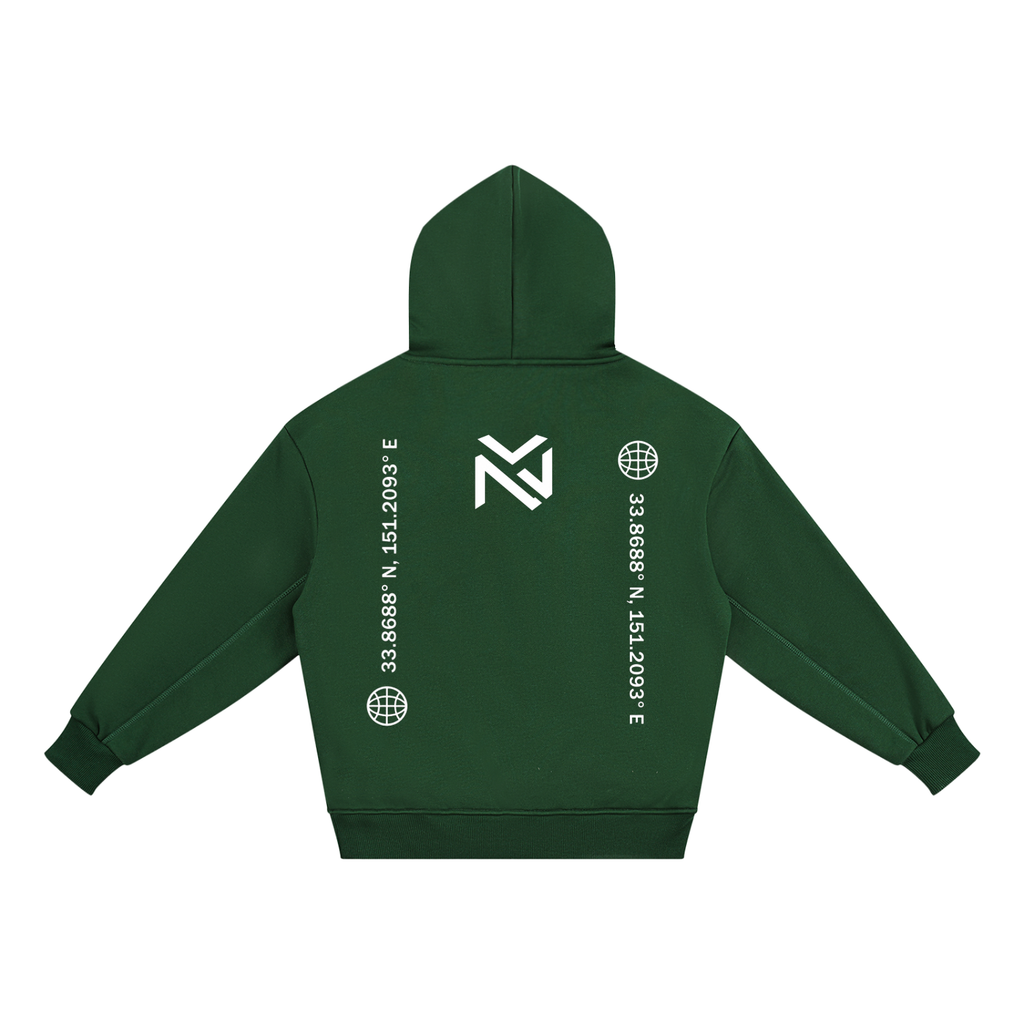 Kids fleece hoodie in green, back view with NV emblem and globe print
