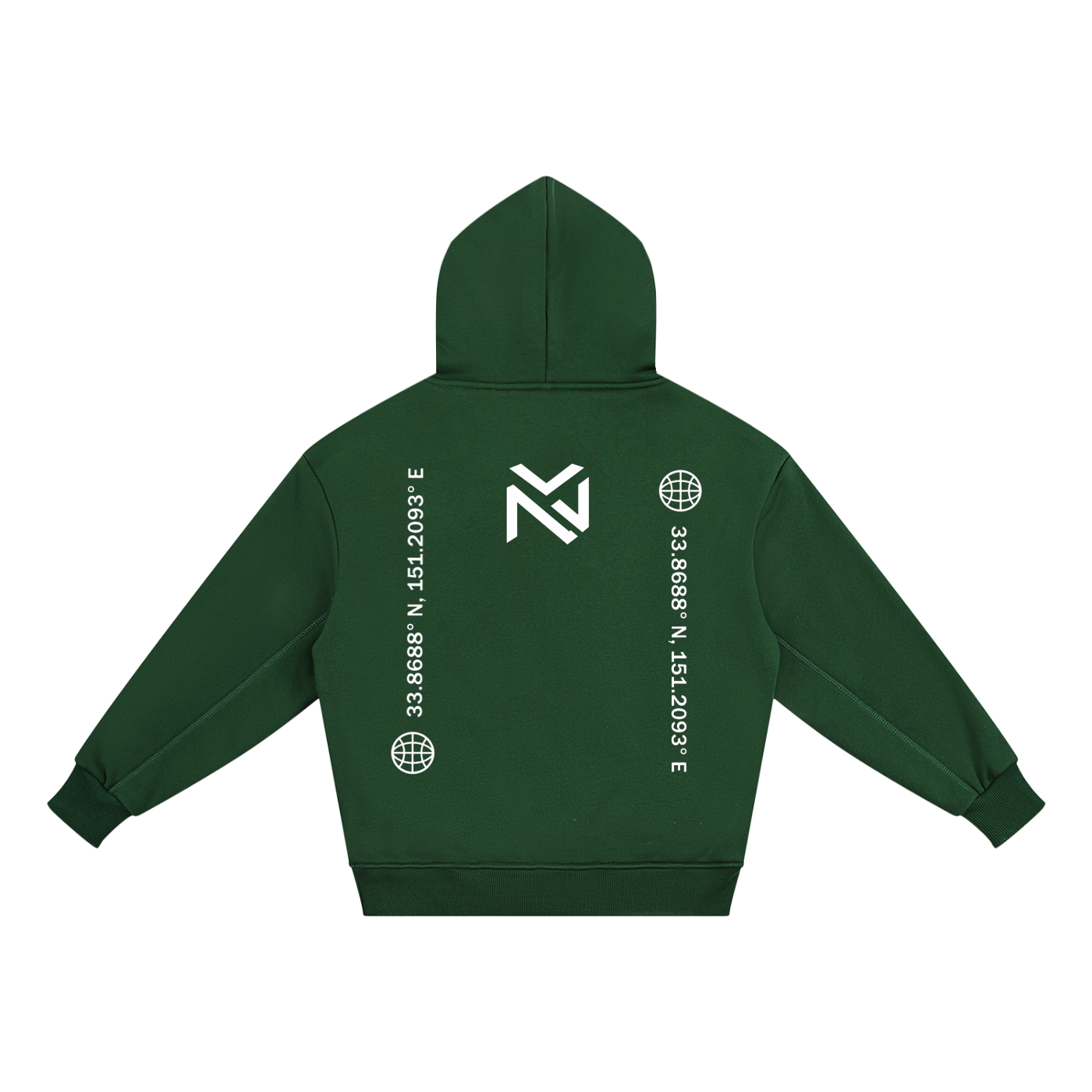 Kids fleece hoodie in green, back view with NV emblem and globe print