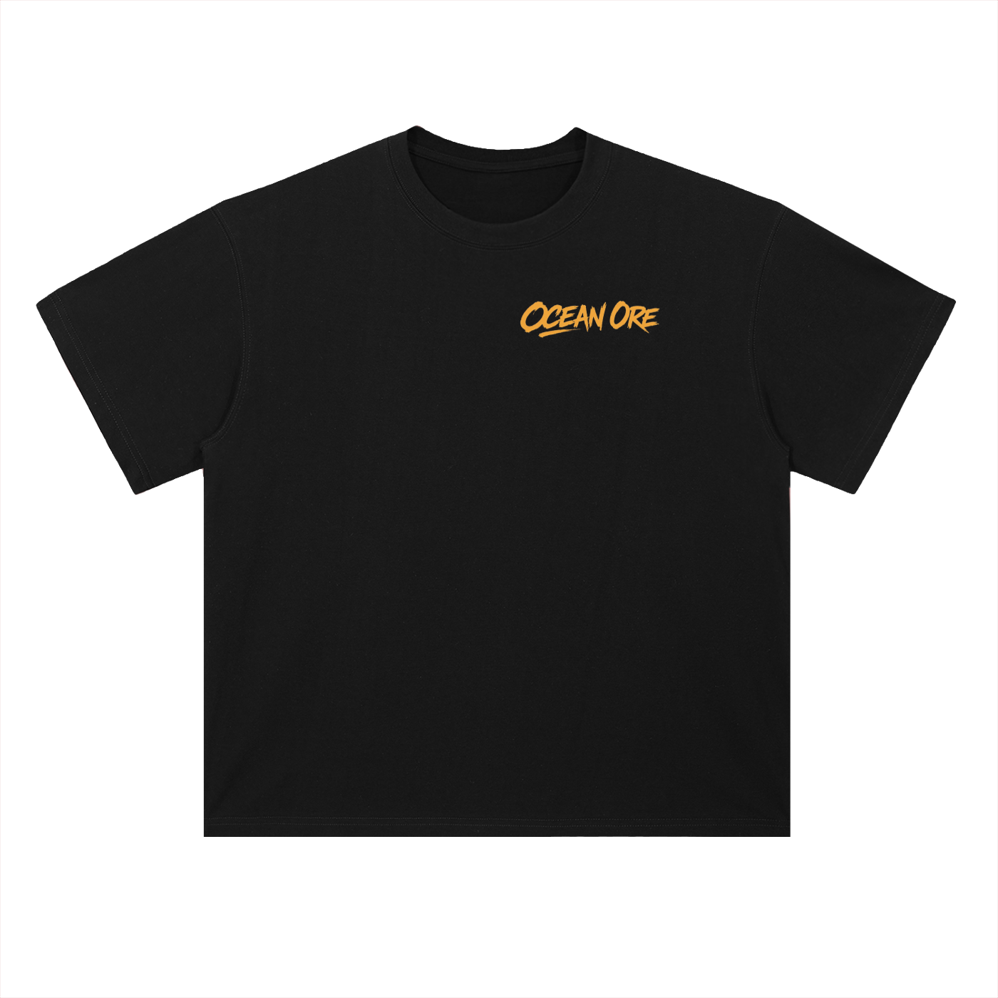 Black drop-shoulder cotton T-shirt with 'OCEAN ORK' orange chest logo