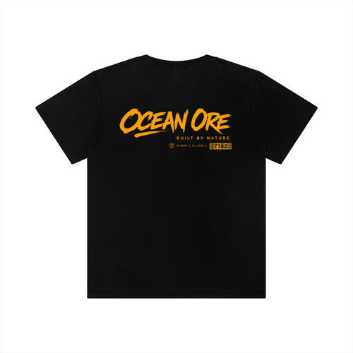Black kids crewneck short-sleeve T-shirt with large yellow back graphic