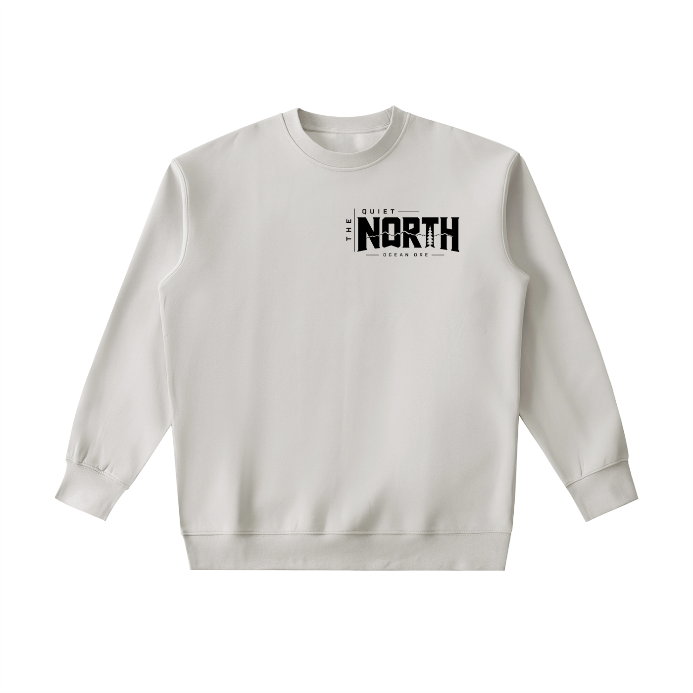 Light gray heavyweight crewneck sweatshirt with front logo print