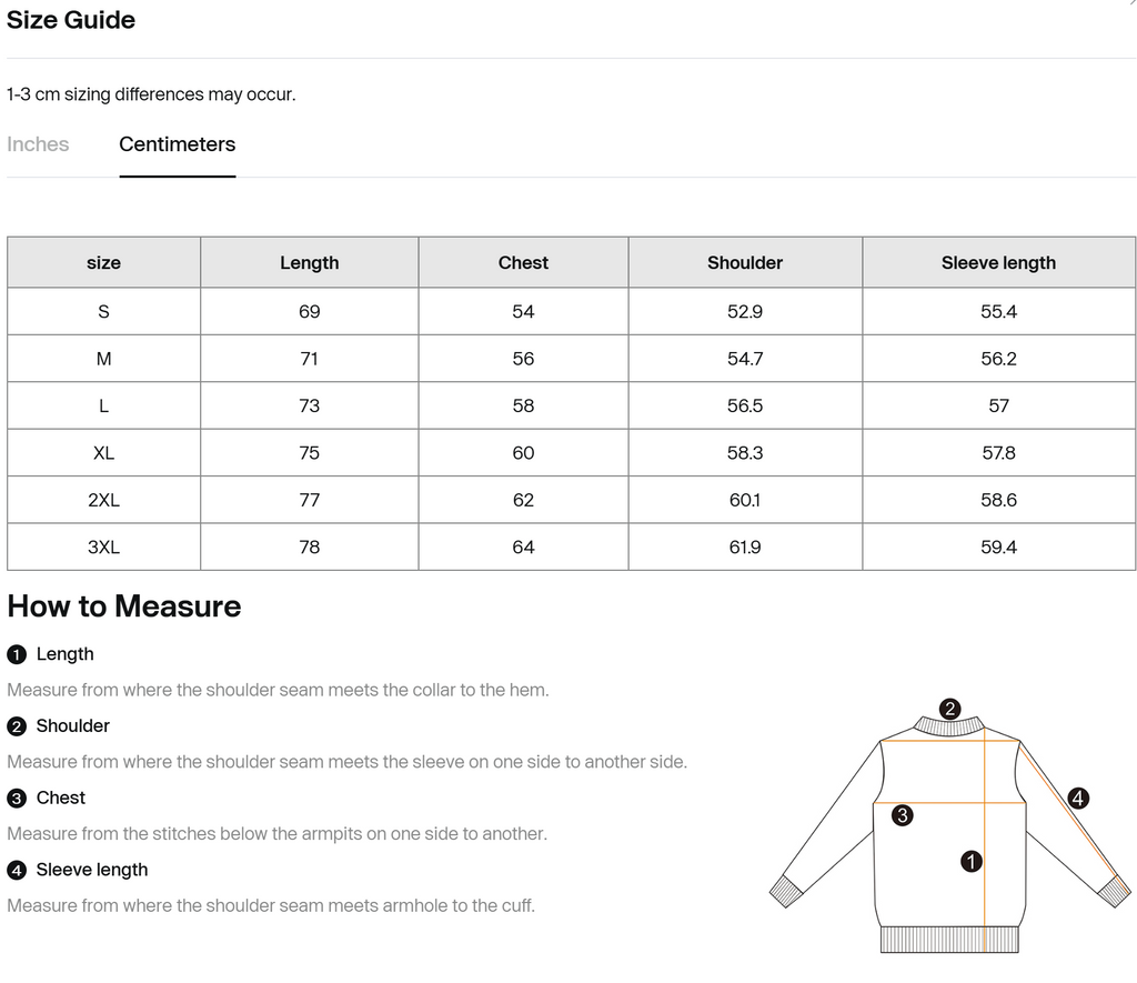 Sweatshirt size guide chart with length, chest, shoulder, and sleeve measurements