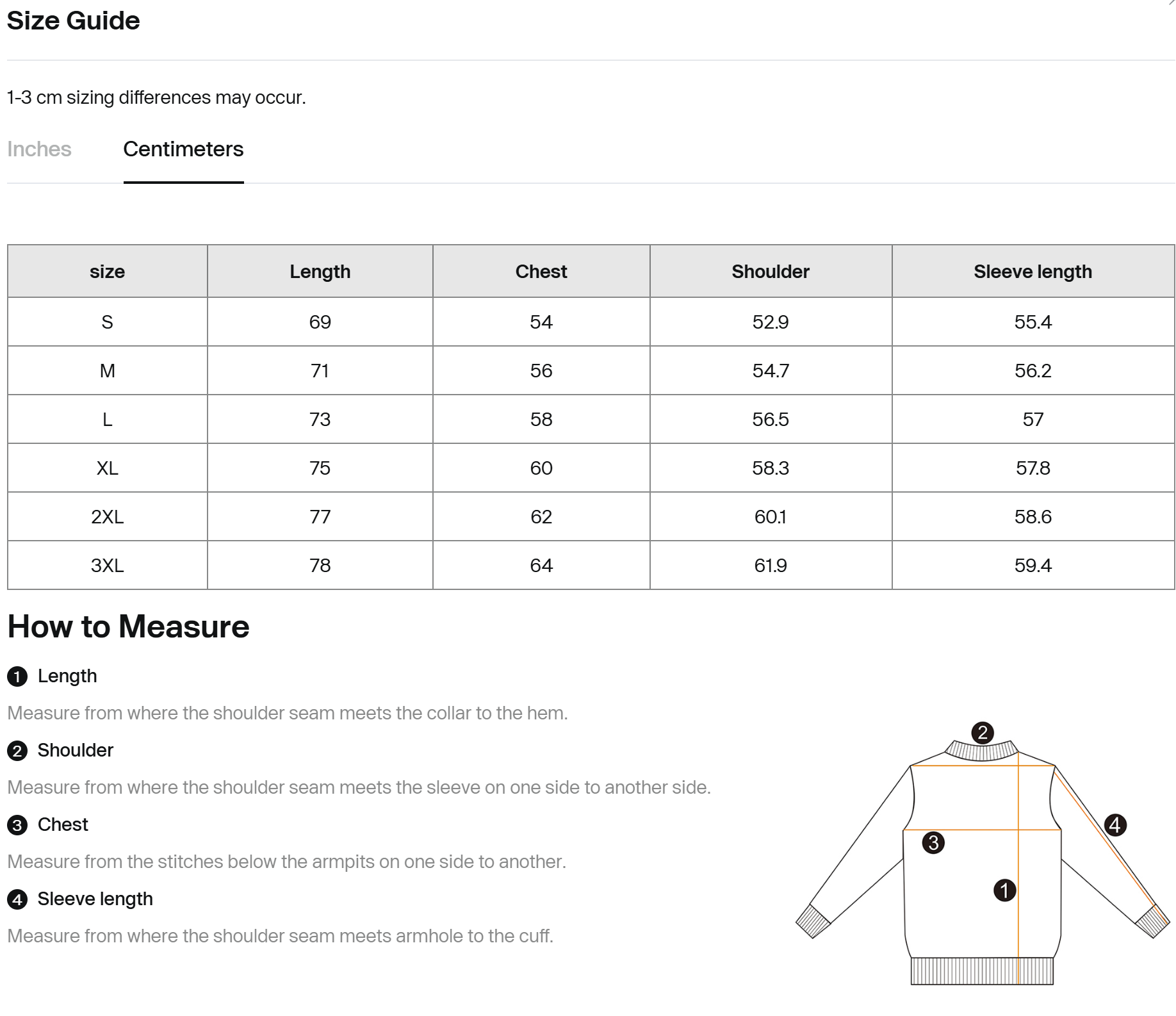 Sweatshirt size guide chart with length, chest, shoulder, and sleeve measurements