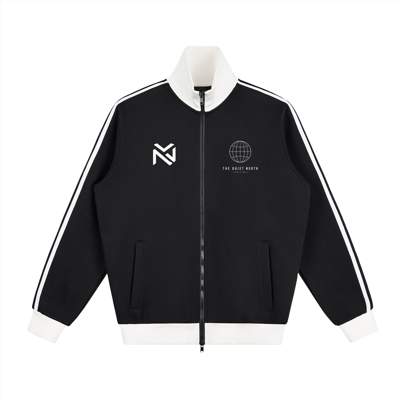 Black fleece track jacket with contrast side stripe, full-zip front, two flap pockets.