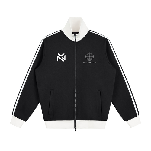 Black fleece track jacket with contrast side stripe, full-zip front, two flap pockets.