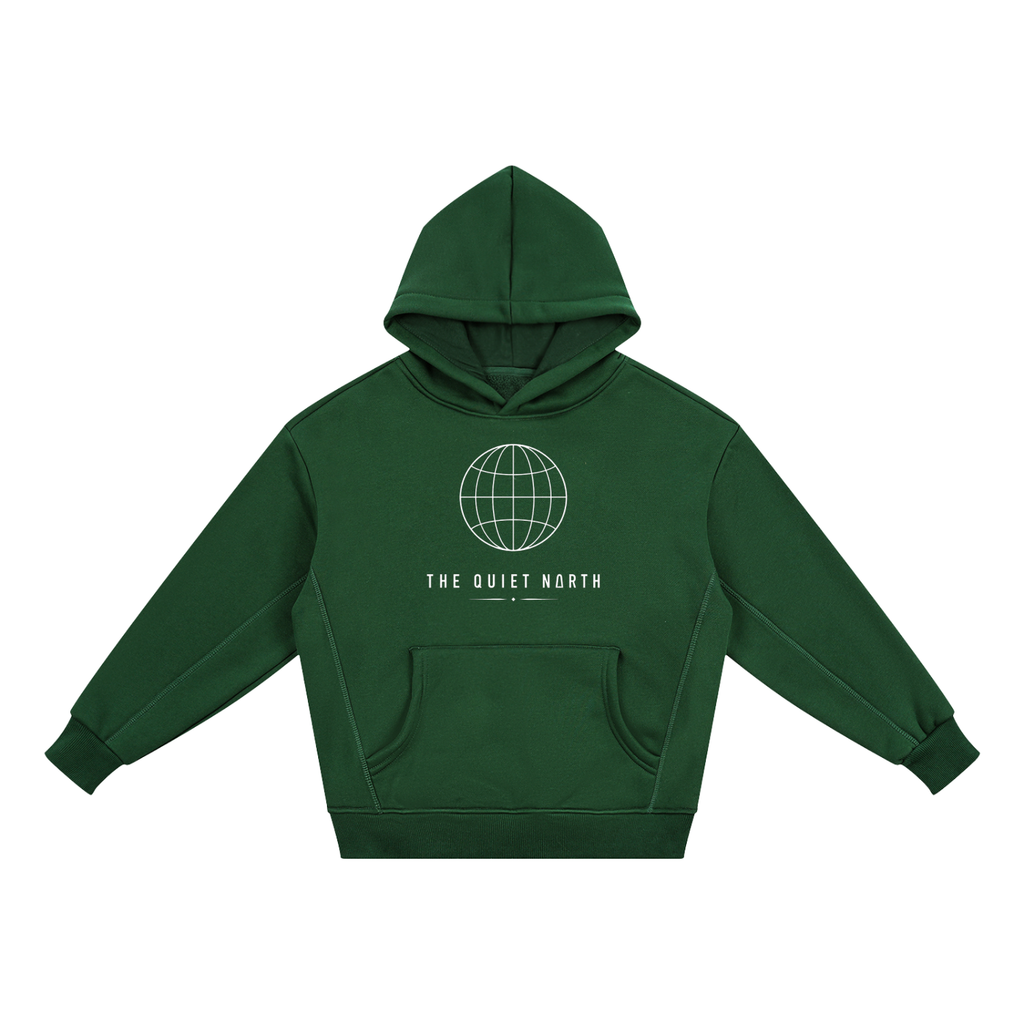 Kids fleece hoodie in green, front hood and kangaroo pocket, globe logo graphic