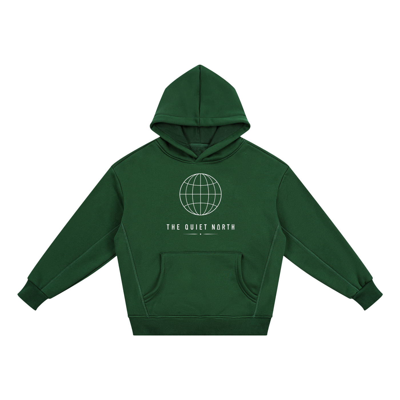 Kids fleece hoodie in green, front hood and kangaroo pocket, globe logo graphic