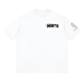 White loose drop-shoulder T-shirt with crew neck and centered chest graphic