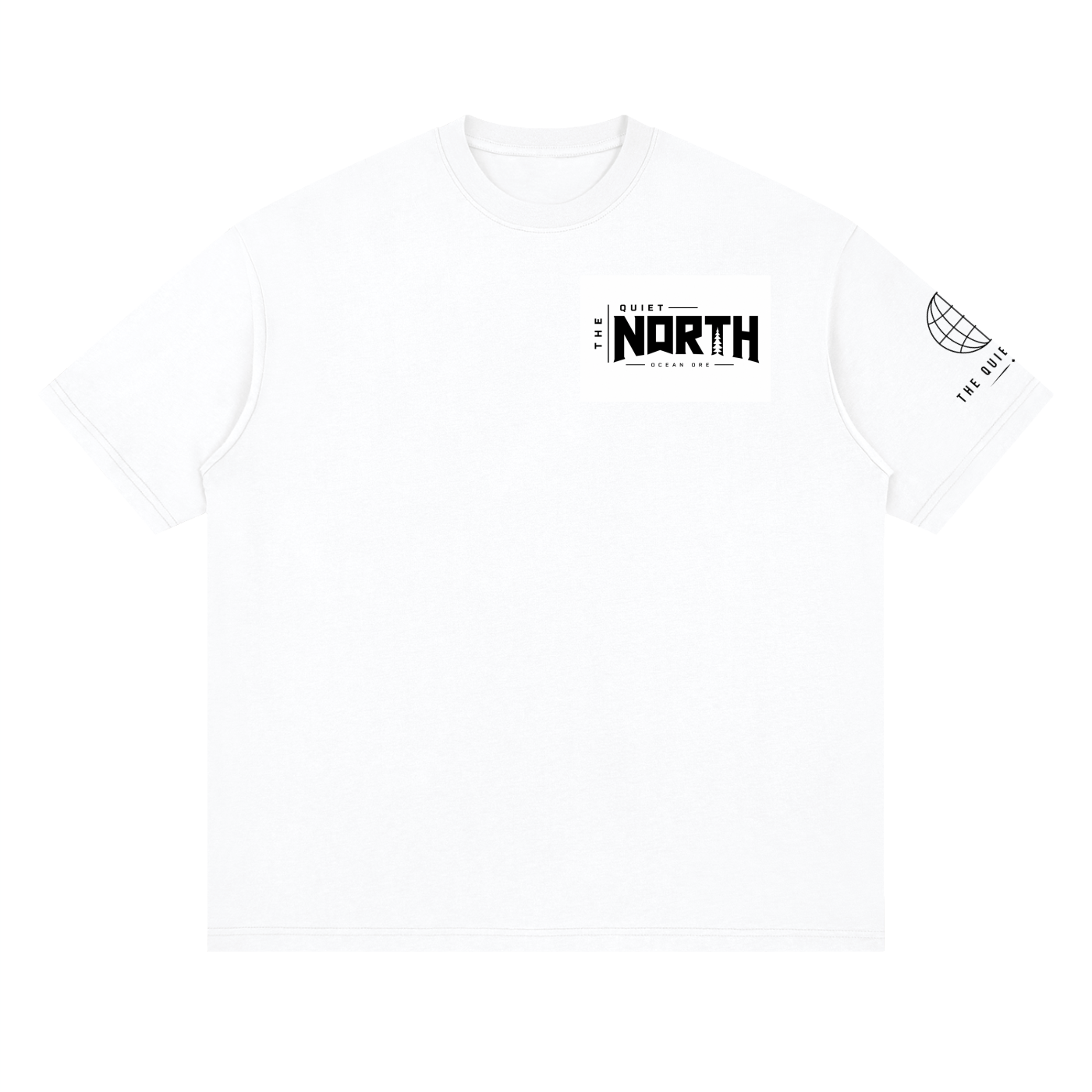 White loose drop-shoulder T-shirt with crew neck and centered chest graphic