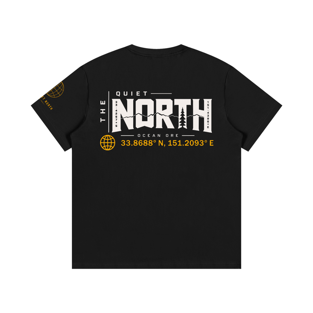 Black cotton graphic T-shirt, back print with 'NORTH' and coordinates